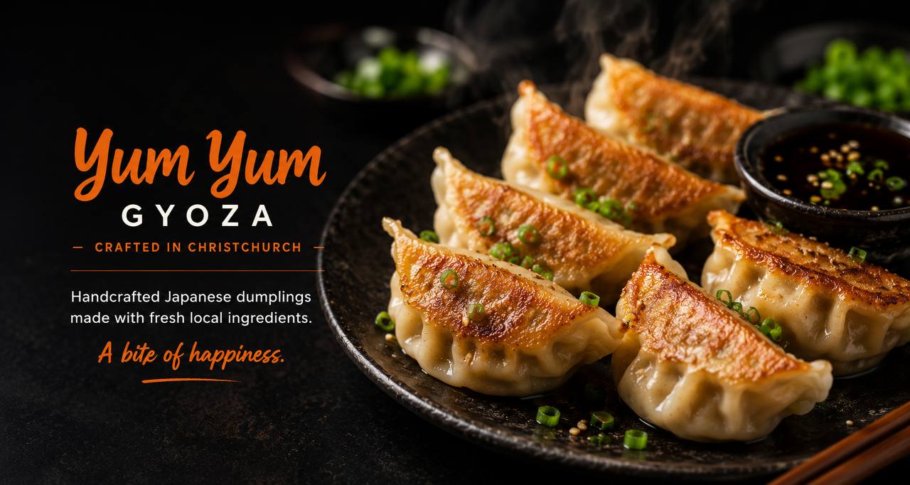 Pan-fried Yum Yum Gyoza dumplings served with dipping sauce