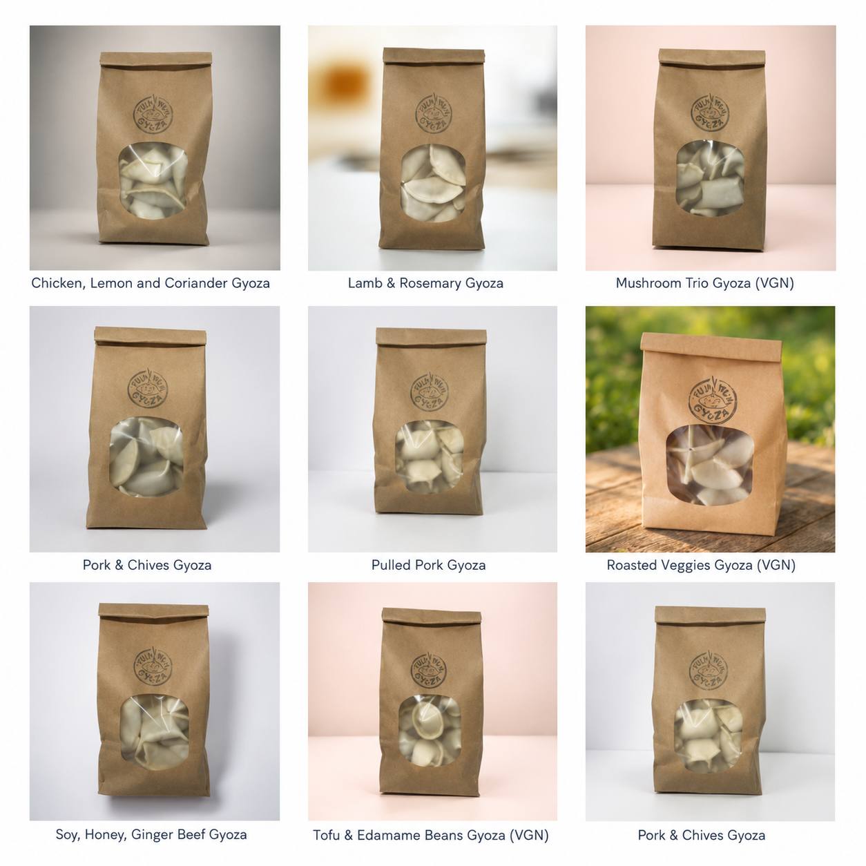 Yum Yum Gyoza product range including chicken, lamb, mushroom, pork, beef, tofu and veggie dumplings